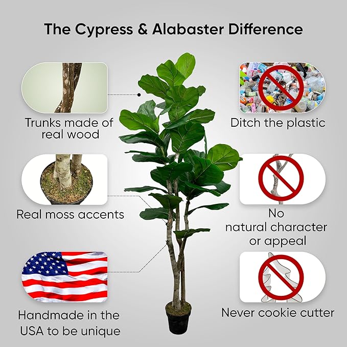 Cypress & Alabaster Handmade 6ft Oversized Fiddle Leaf Fig Ficus Lyrata Artificial Tree with Ethically Sourced Real Wood Trunks, Hypoallergenic, 6-Foot, Green