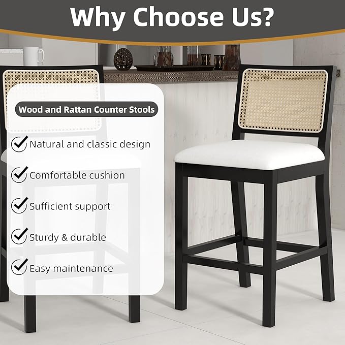 Westice Rattan Bar Stools Set of 2, 26" Farmhouse Counter Height Stools with Cane Back and Wood Frame, Upholstered Line Fabric Seat Cushion, Wooden Chairs for Kitchen Island/Pub, Black