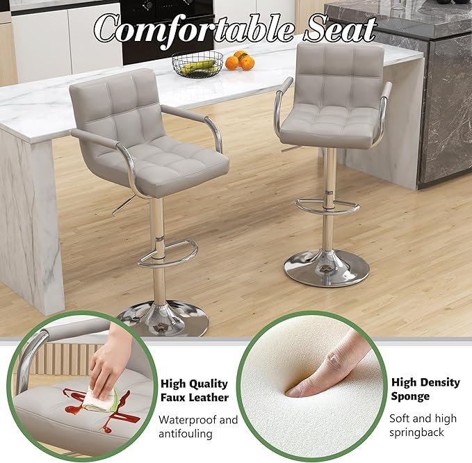 Modern PU Leather Bar Stools Set of 6, Adjustable Swivel Square Bar Chairs, Counter Height Barstools with Arms and Large Base for Island/Kitchen(Gray)