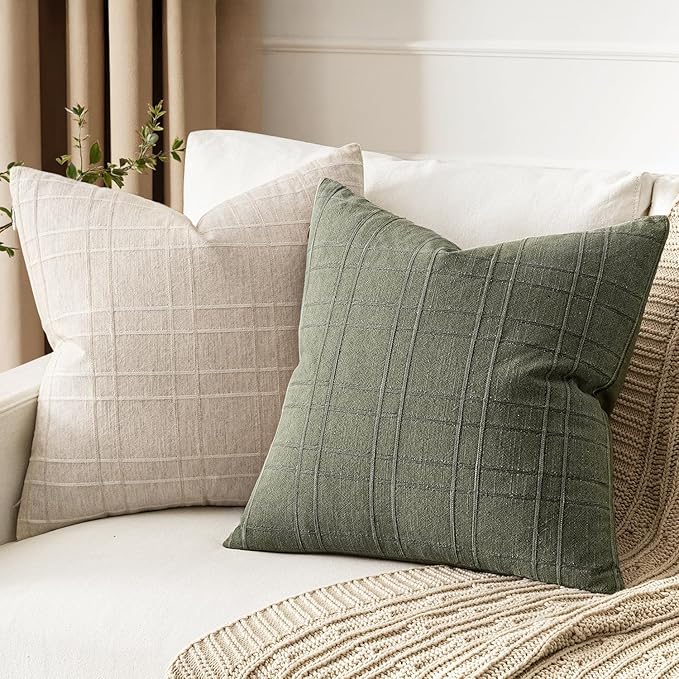 MIULEE Decorative Linen Check Euro Shams Throw Pillow Covers Neutral Farmhouse Vintage Pillow Covers 24x24 Set of 2 Boho Modern Home Decor for Sofa Couch Bedroom Cushion Olive Green