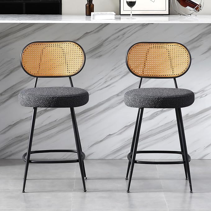 26" Rattan Barstools Set of 2, Counter Height Bar Chair with Black Metal Legs, Modern Armless Sherpa Pub Chair, Adjustable Feetpads Stools for Home Counter, Kitchen Dining Island, Cafe(Black)
