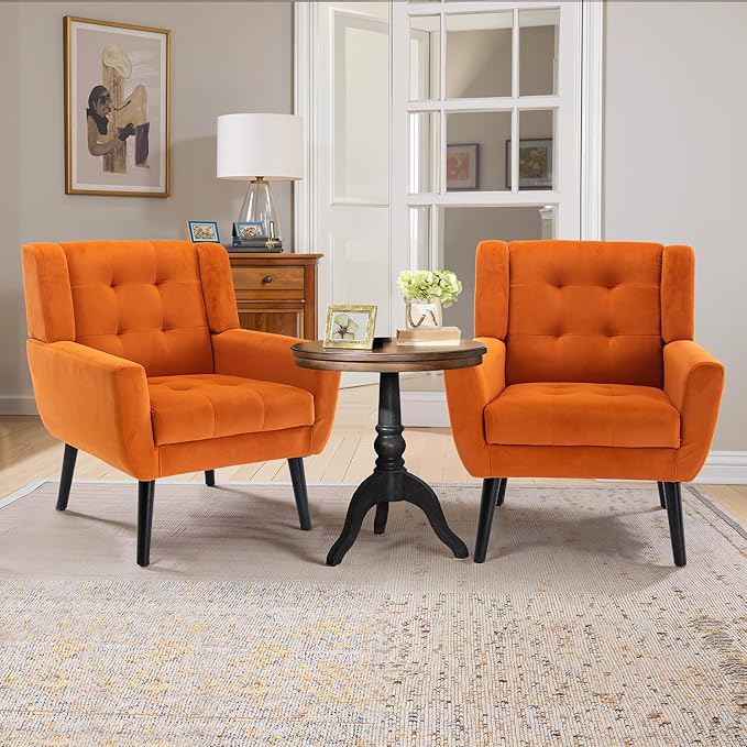NicBex Accent Chair Set of 2, Modern Chair for Living Room Upholstered Foam Filled Living Room Chairs with Metal Legs Velvet Cozy Lounge Armchair for Living Room Bedroom,Orange