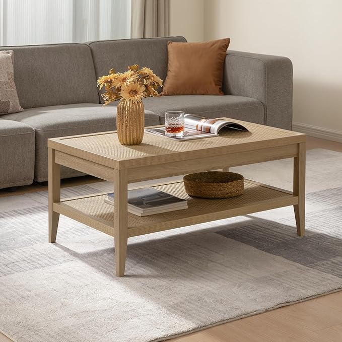 SICOTAS Rattan Coffee Table for Living Room - Boho Rectangular Dining Center Table with 2 -Tiers Rattan Storage Shelf, Farmhouse Accent Table for Living Room, Home Office, Light Oak