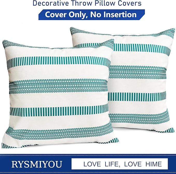 Decorative Throw Pillow Covers Set of 2 Teal Blue Boho Striped Pillow Covers 16x16 Inch Throw Pillow Cover Linen Pillowcase Farmhouse Outdoor Pillow Covers for Couch Sofa Bed Living Room