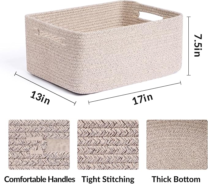 Large Storage Baskets for Shelves, Closet Organizers Bins for Clothes Blanket Towels, Baby Nursery, Toy Baskets Box, Woven Rope Baskets, 17 x 13 x 7.5”, 2 Packs Mixed Brown