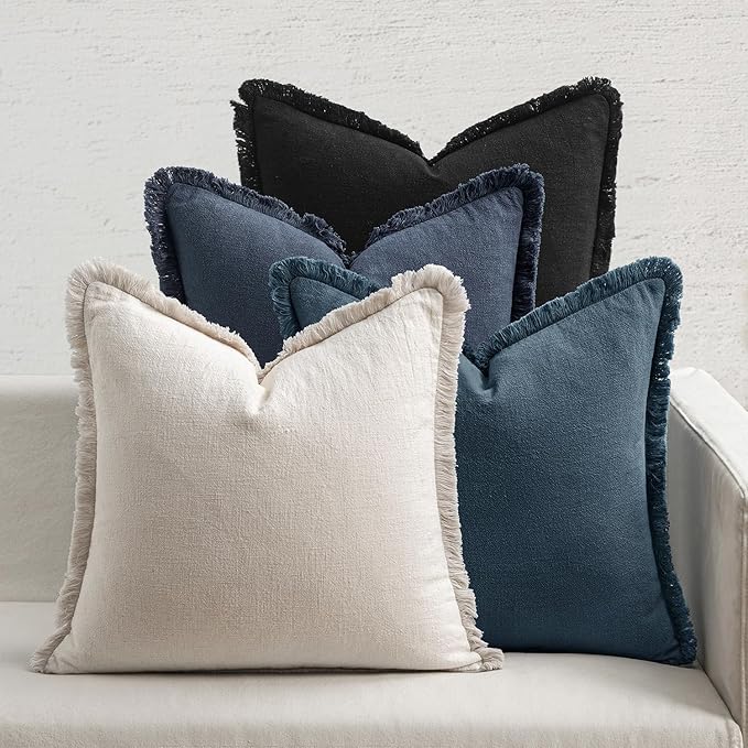 MIULEE Christmas Decorative Couch Pillow Covers Neutral Linen Fringe Throw Pillows Set of 4 Boho Farmhouse Cushion Modern Pillowcases for Bed Sofa Living Room Home Decor 18x18 Inch Beige/Coastal Blue