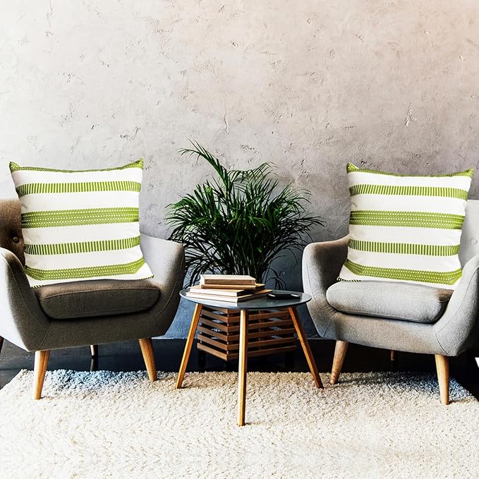 Decorative Throw Pillow Covers Set of 2 Grass Green Boho Striped Pillow Covers 18x18 Inch Throw Pillow Cover Linen Pillowcase Farmhouse Outdoor Pillow Covers for Couch Sofa Living Room