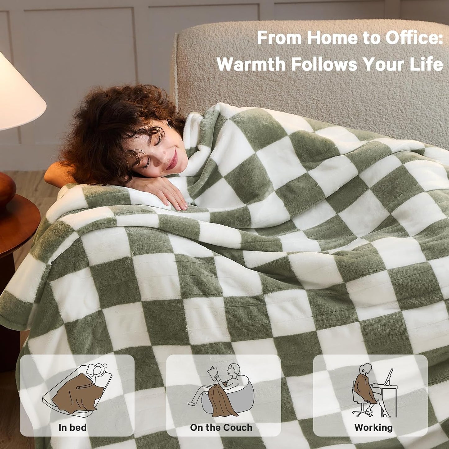 Sage Green Heated Throw Blanket Electric, 50X60 Heating Blanket with 10 Heat Levels & 8 Hours Auto Off for Lap, Checkered Plaid Soft Sherpa Blankets Warmer Gifts for Couch Grandma Women Adults, ETL