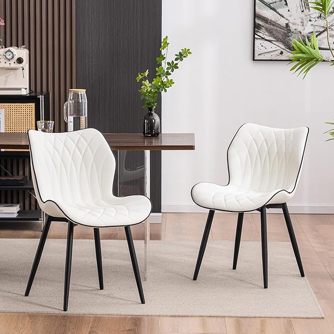 YOUNIKE Dining Chairs Set of 2, Upholstered Faux Leather Dining Room Chairs with Wide Curved Back and Adjustable Metal Legs, White