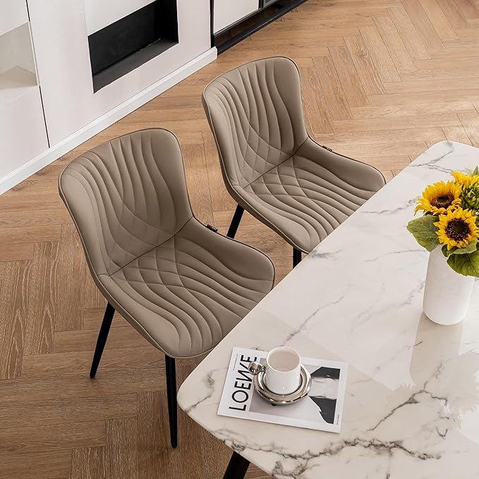 Kidol & Shellder Khaki Dining Chairs Set of 2,Faux Leather Upholstered Mid Century Modern Kitchen&Dining Room Chair with Back,Ergonomic Armless Vanity&Living Room Chair with Metal Legs