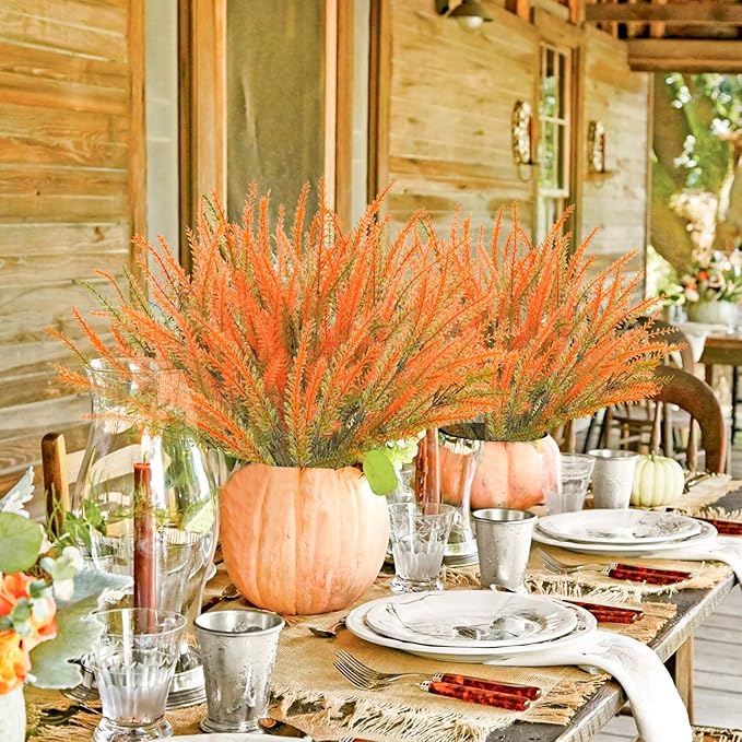 36 Pcs Artificial Fall Flowers Outdoor, UV Resistant Fake Lavender Flowers Faux Plastic Fall Plants Shrubs Bushes for Indoor Outside Planters Porch Window Box Patio Home Decor（Orange）