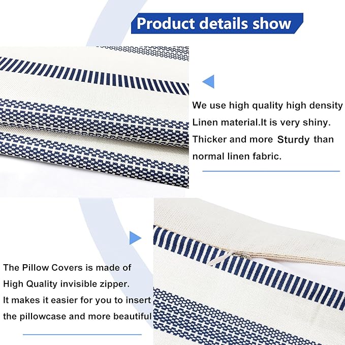 Decorative Throw Pillow Covers Set of 2 Blue Boho Striped Pillow Covers 20x20 Inch Throw Pillow Cover Linen Pillowcase Farmhouse Outdoor Pillow Covers for Couch Sofa Bed Living Room