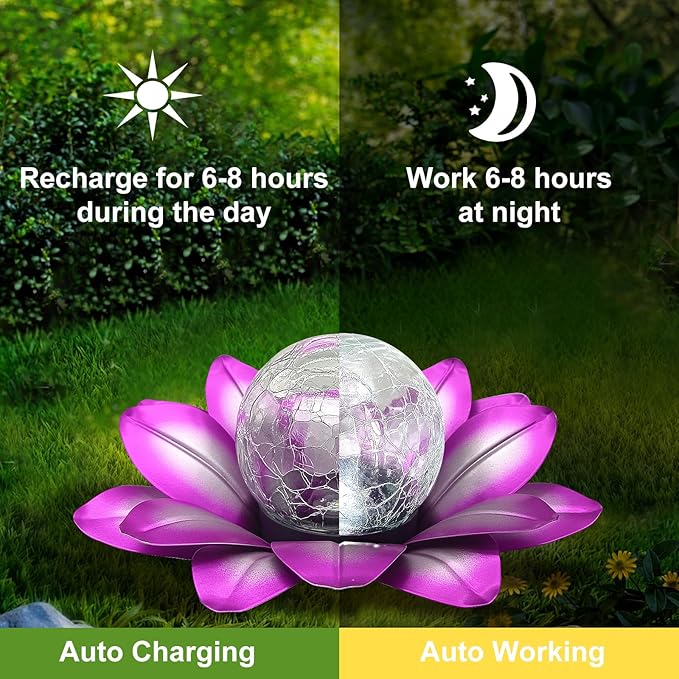 LEWIS&WAYNE Solar Garden Lights Outdoor, 3 Pcs Purple Lotus Flower Pathway Lamps with Cool White Crackle Glass Globe Led Lights for Patio Pathway Yard Balcony Garden Decorations