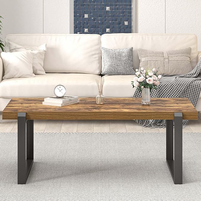 EXCEFUR Modern Coffee Table, Industrial Wood and Metal Center Table, Cocktail Tea Table for Living Room Home Office, Rustic Brown, 44 Inch