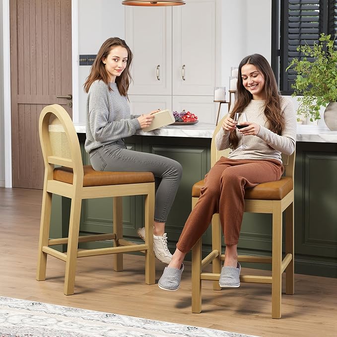 STHOUYN Upholstered Rattan Bar Stools Set of 2, Wooden Counter Height Bar Stools with Natural Rattan Woven Back and Faux Leather Seat, Mid-Century Modern Island Chairs Barstools for Kitchen (2, Brown)