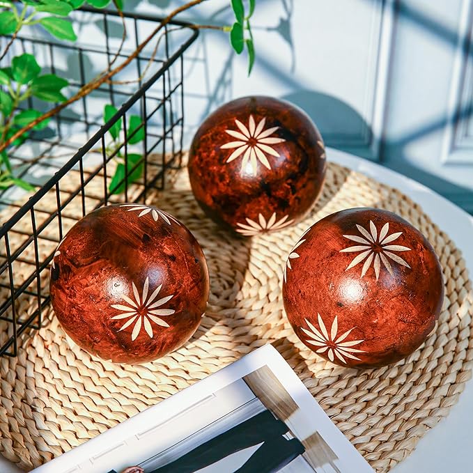 Decorative Balls for Centerpiece, Set of 3, Sunflower Pattern, 4 inch Resin Round Sphere Balls, Table Decor