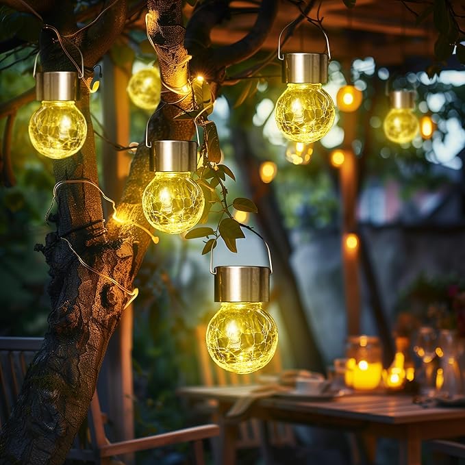 GIGALUMI 24 Pack Solar Outdoor Lights - Hanging Lights for Christmas Decoration - Cracked Glass, Waterproof for Garden, Yard, Fence, Tree (Warm White)