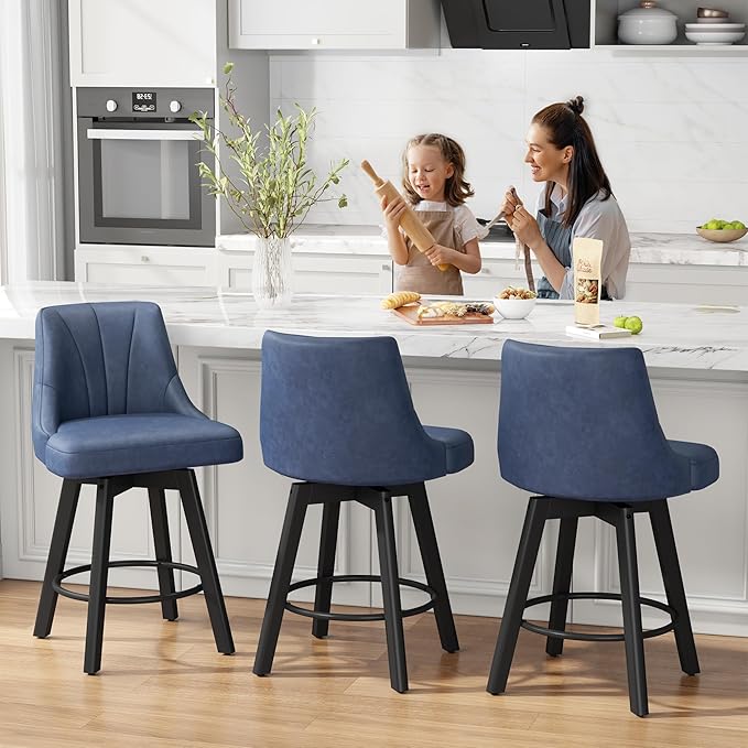 Counter Height Swivel Bar Stool, 24" Upholstered PU Leather Barstools Set of 2, Counter Stool Chair with Back & Solid Wood Legs for Kitchen Island Dining Room (Blue)