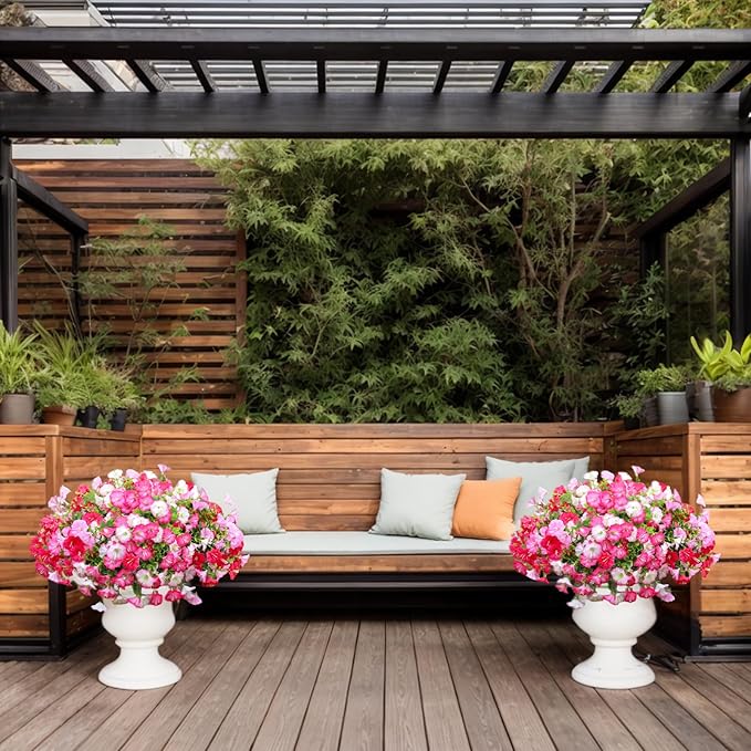 Artificial Flowers for Outdoor, Fake Flowers Faux Plants for Outside Indoor, 4PCS Summer Decor, Morning Glory Petunia UV Resistant, for Garden Porch Window Box Home Planters (Dark Pink&White Bulk)