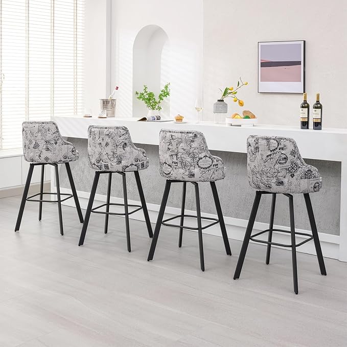 Bar Stools Set of 2, 30" Swivel Bar Height Bar Stool with High Back, Linen Kitchen Barstool Bar Height for Kitchen Island (Beige (Nautical Print), 2PCS 30" Bar Stools)