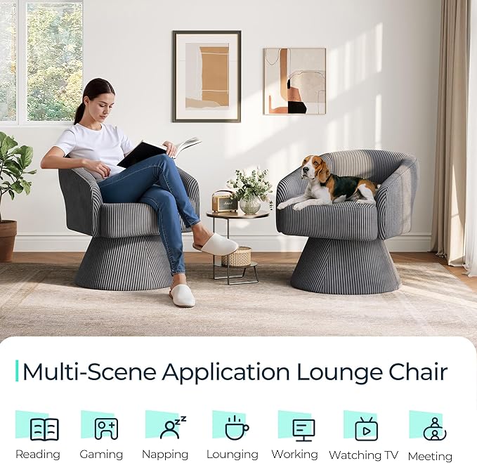 LINSY Swivel Accent Chair, Small Barrel Chair 360 Swivel Modern Armchair, Upholstered Reading Chair for Small Spaces Living Room, Vanity Chair for Bedroom, Grey