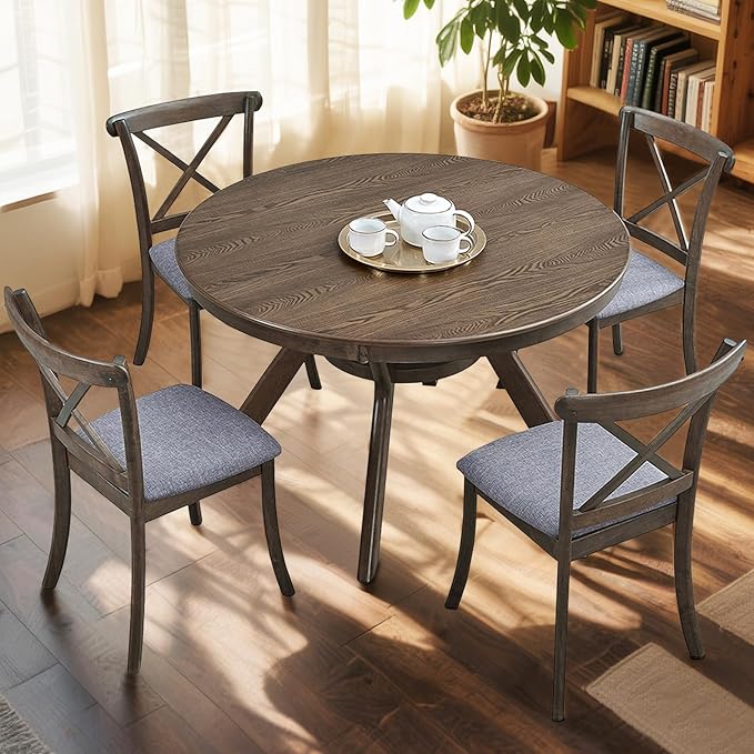 NicBex 47.24" Rubber Wood Round Dining Table for 4-6 People, Mid-Century Kitchen and Dining Table with Wooden Trestle Base, Rustic Brown Solid Wood and MDF Table for Dining Room or Living Room Oak