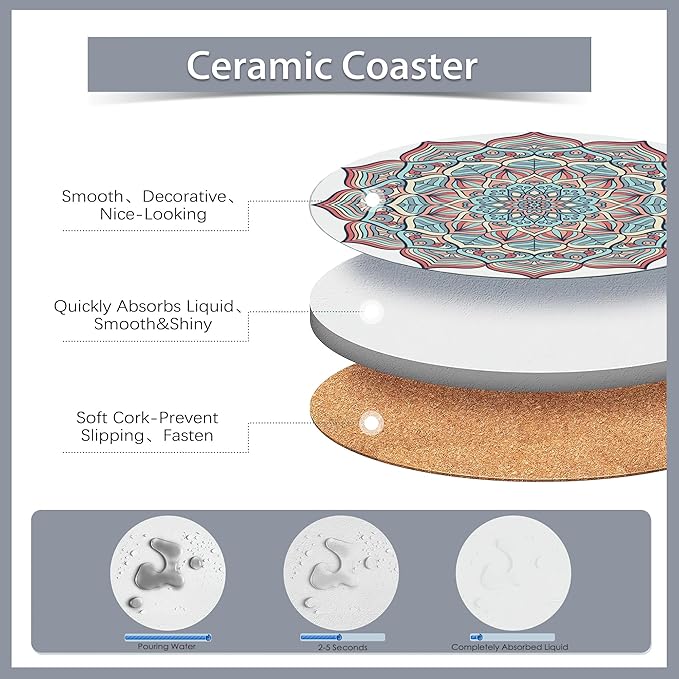 Drink Coasters Set of 6 with Holder,Mandala Boho Flower Absorbent Ceramic Coasters with Cork Base,Fit All Cups,Tabletop Protection Mat for Mugs and Cups,Office,Kitchen