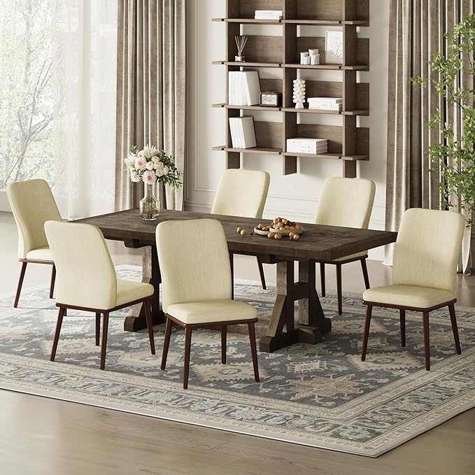 Modern Dining Chairs Set of 4, Upholstered Kitchen Chairs with High Back, Padded Fabric Dining Room Chair with Solid Wood Legs for Restaurant/Cafe/Home, Beige