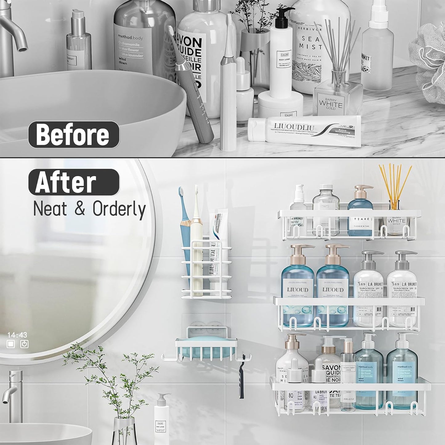 5 Pack Shower Caddy Organizer Rack Shelf for Inside Shower, Self Adhesive Wall Storage Basket Rustproof Stainless Steel Shampoo Holder Bathroom Accessory Decor Set, White