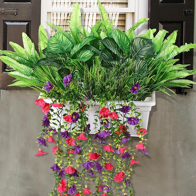12 Pcs Artificial Greenery for Outdoor UV Resistant Fake Flowers and Greeneries Plastic Hanging Plants for Window Box Spring Summer Garden Patio Porch Yard Decoration(Bright Color)