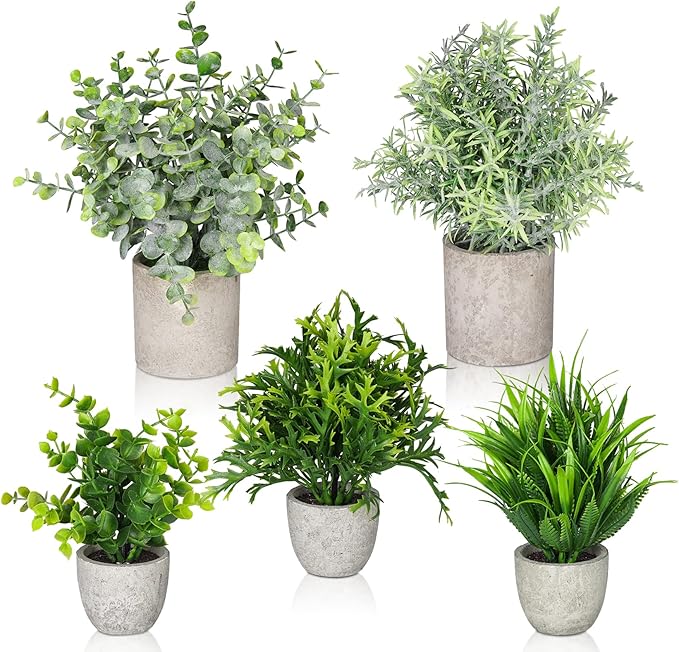 Fake Plants,5Pack Mini Potted Artificial Plant Small Faux Plant Indoor Outdoor for Home Decor,Eucalyptus Greenery Plastic Fake Green Grass Plants for Office Bathroom Shelf Farmhouse Coffee Table Decor