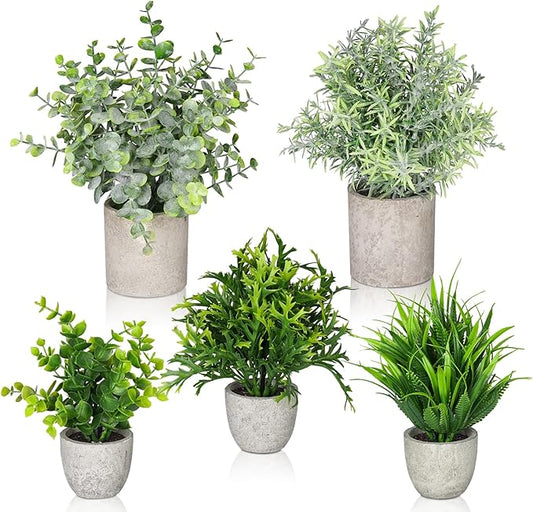 Fake Plants,5Pack Mini Potted Artificial Plant Small Faux Plant Indoor Outdoor for Home Decor,Eucalyptus Greenery Plastic Fake Green Grass Plants for Office Bathroom Shelf Farmhouse Coffee Table Decor
