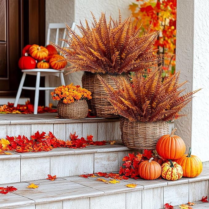 TURNMEON 20 Bundles Artificial Fall Flowers for Outdoors Fall Decorations, UV Resistant Fall Plants Faux Boston Fern Fake Mums Plastic Greenery Shrubs for Home Porch Gardens Autumn Thanksgiving Decor