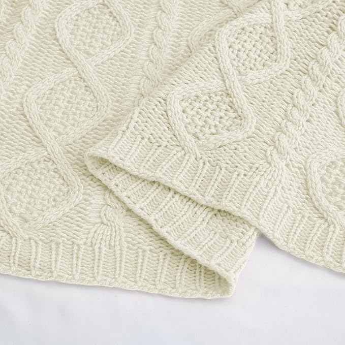 Homiest Cable Knit Throw Blanket & Pillow Set, Cream White Set of 3, Knitted Blanket (50"x60") & 2 Pillow Covers (18"x18"), Soft & Cozy Decorative Set for Couch, Bed, Sofa