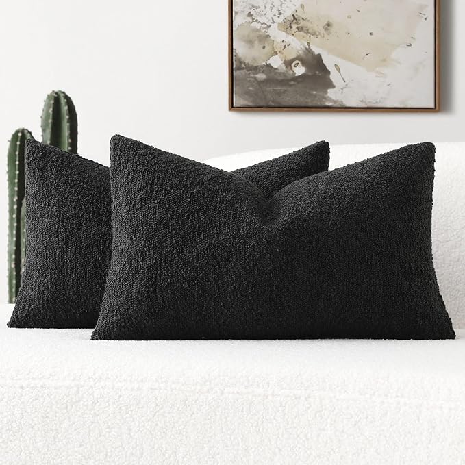 FUTEI Pack of 2 Black Decorative Throw Pillow Covers 12x20 Inch Soft Cozy Solid Boucle Textured Lumbar Pillow Cases,Modern Home Decor for Couch Bed Living Room