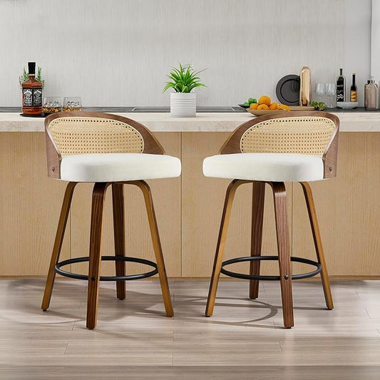 26 inch Swivel Bar Stools with Back, Set of 2 Mid-Century Modern Counter Stools, Beige Soft Textured Fabric Seat with Walnut Frame and Footrest for Kitchen Island & Dining Area