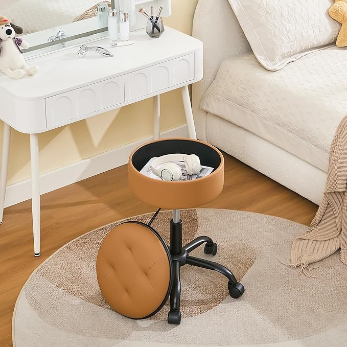 Vanity Stool with Wheels (Chair & Small Table in One) (Adjustable Height Stool 20.67"-24.61"), Caramel Brown Rolling Chair with Storage