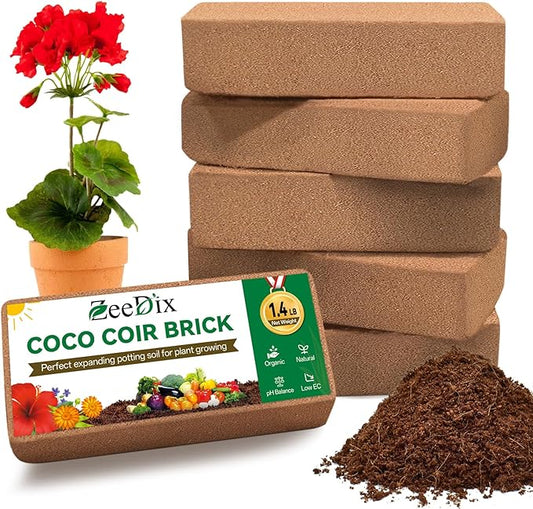 ZeeDix 6 Pcs Coco Coir Brick for Plants, 100% Organic Coconut Coir Bricks with Low EC and pH Balance, Compressed Coconut Husk Bricks for Gardening, Planting, Organic Potting Soil, High Water Retention