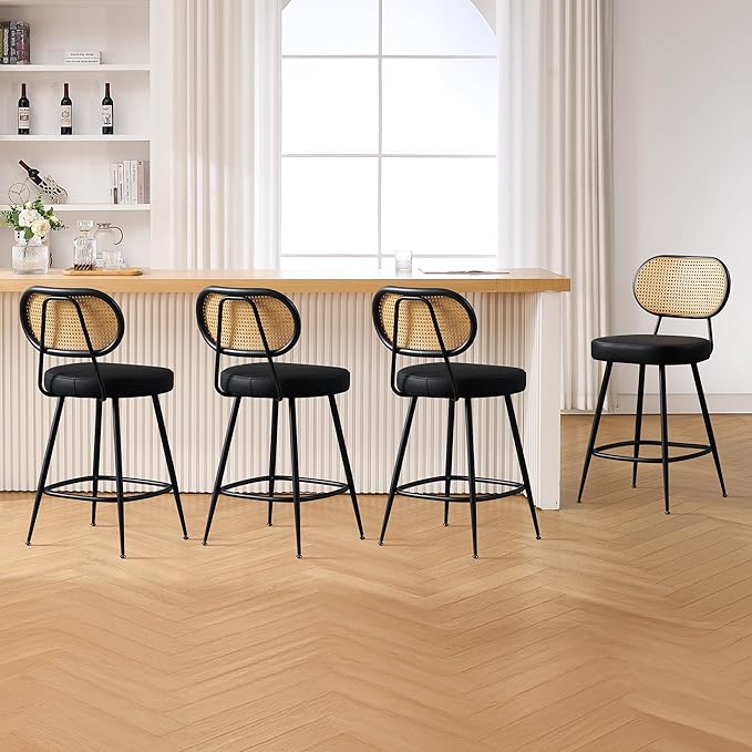 BFZ Counter Height Bar Stools Set of 4, 26" Seat Height Barstools with Rattan Back and Metal Legs, Upholstered Faux Leather Bar Chairs for Kitchen Island, Home Bar, Beige