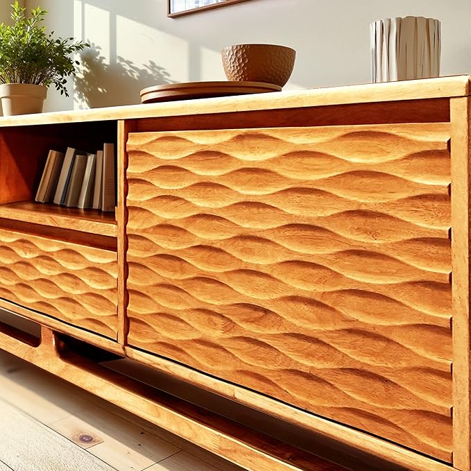 Acacia Elara Wood TV Stand for TVs up to 75+ Inch Entertainment Center with Storage Shelves and Cable Management, Mid Century Modern TV Media Console Wood TV Stands for Living Room Bedroom (Caramel)