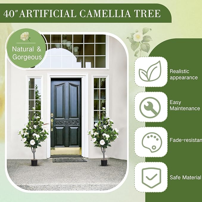 Jexine 2 Pack 40" Artificial Tree with Camellia, Fake Tree with 36 Blooming Flowers, Flower Plants Tree Faux Floral Plant Tree in Cement Pot for Indoor Outdoor Office Home Porch Decor (White,40")
