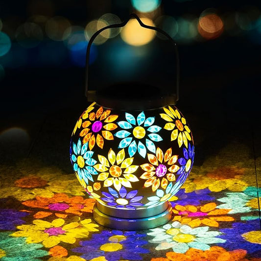 VOREEN Mosaic Solar Lanterns, Handmade Outdoor Glass Hanging Lights, Waterproof Solar Table Lamps, Gift for Mom Wife Friend, Decoration for Garden, Patio, Yard, Party, Balcony, Floral Pattern