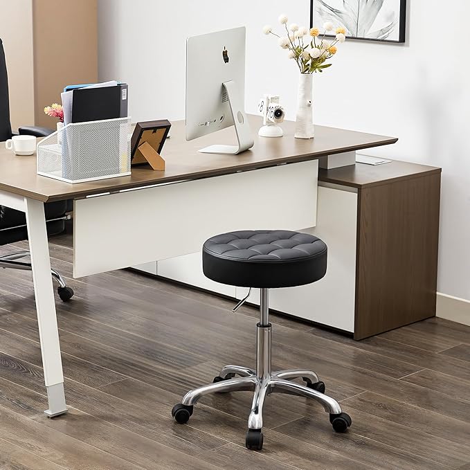 Work Stools with Wheels (300lbs Capacity) (Sturdy Aluminum Base) Black Leather Salon Stools (Black)