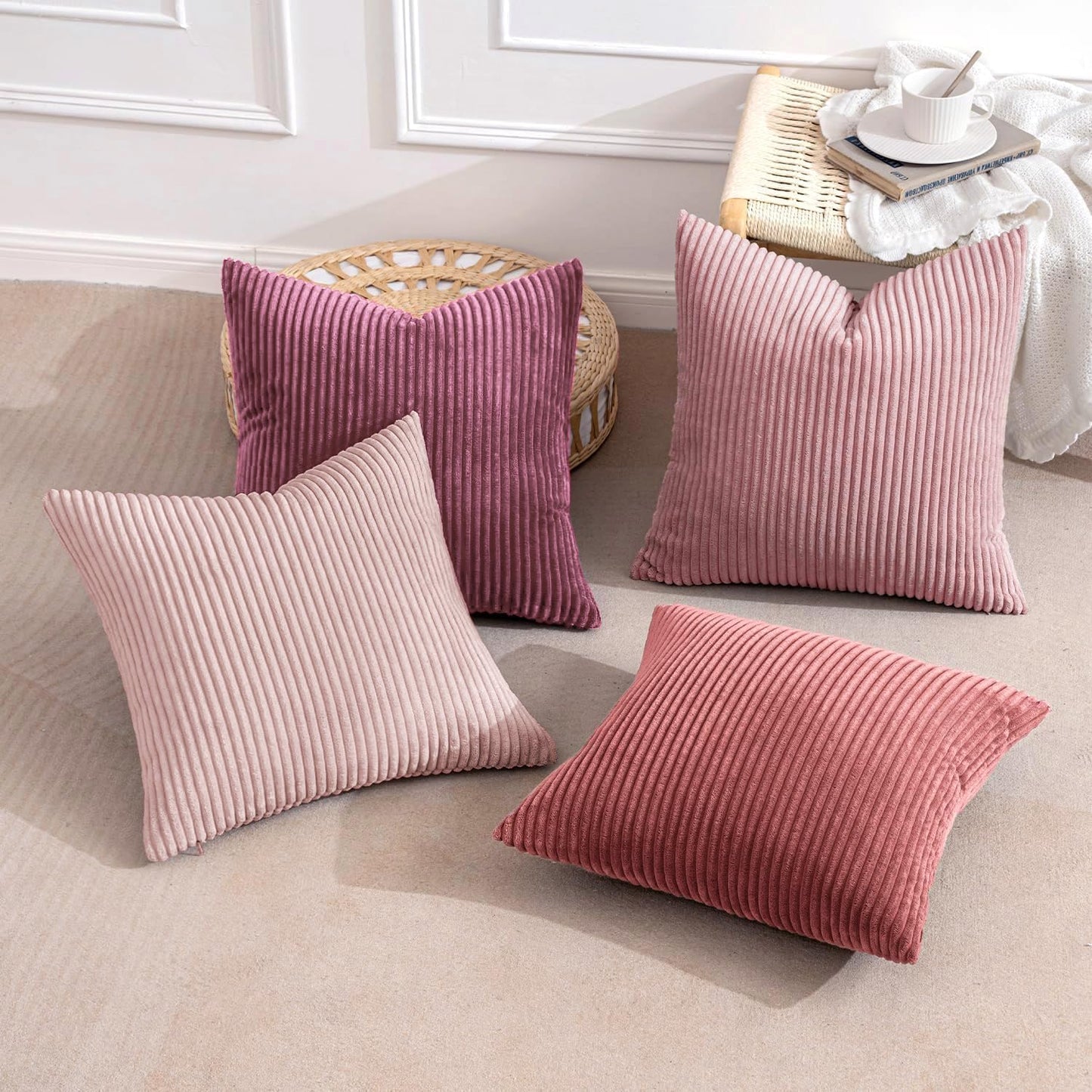 MIULEE Pack of 4 Purple Pink Corduroy Decorative Throw Pillow Covers 20x20 Inch Soft Boho Striped Pillow Covers Modern Farmhouse Home Decor for Winter Sofa Living Room Couch Bed