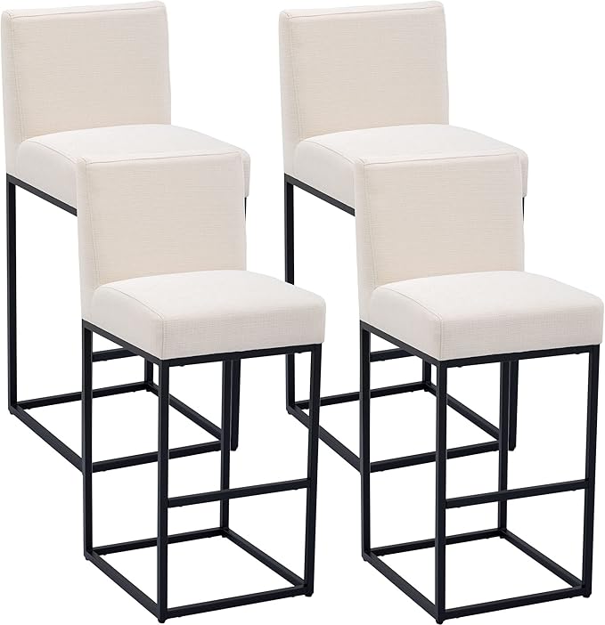VESCASA Linen 31 inches Bar Height Bar Stools with Padded Back, Modern Upholstered Bar Stool Chairs with Black Metal Frame for Kitchen Island, Pub, Set of 4, Cream