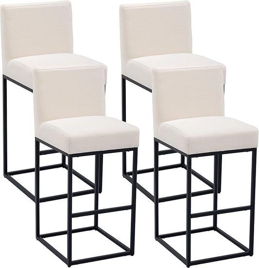 VESCASA Linen 31 inches Bar Height Bar Stools with Padded Back, Modern Upholstered Bar Stool Chairs with Black Metal Frame for Kitchen Island, Pub, Set of 4, Cream