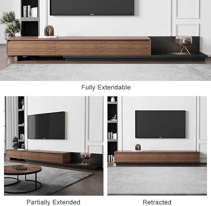 Mid-Century Modern Extendable TV Cabinet with 3 Drawers,TV Stand Adjustable from 78.7" to 130",Entertainment Center for Living Room,Walnut