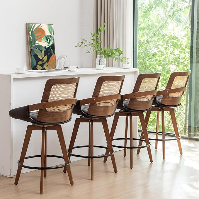 Set of 3 Bar Stools Counter Height - 26.4 inch Swivel Walnut Counter Stools with Cane Back, Upholstered Seat, Curved Arms, Rattan Counter Stools for Island/Pub/Kitchen/Cafe (26" Seat Height, Brown)