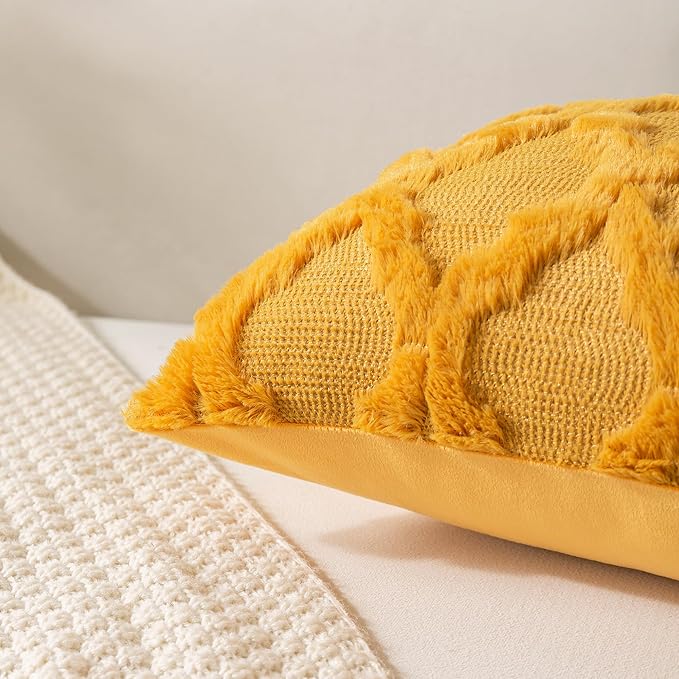 Set of 2 Soft Moroccan Throw Pillow Covers 16x16 Inch Plush Boho Decorative Pillow Cover Accent Cushion Case for Couch Sofa Bed, Mustard Yellow