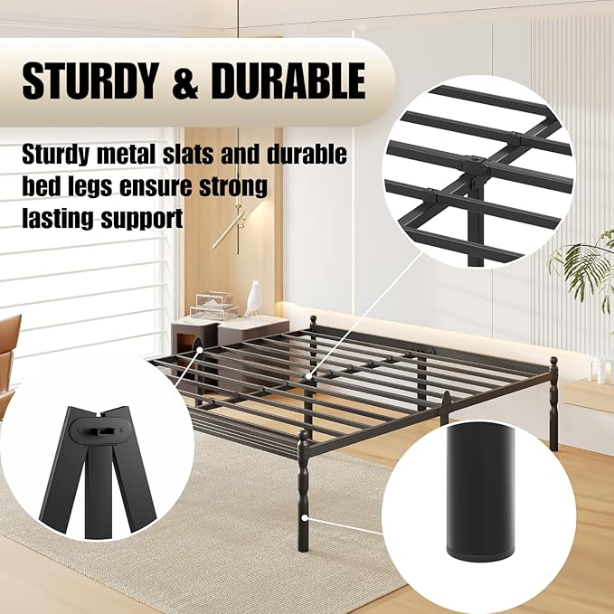 18 Inch King Metal Bed Frame with Mattress Slide Stopper, King Size Platform Bed Frames No Box Spring Needed, Heavy Duty Bedframe, Easy Assembly, Noise Free